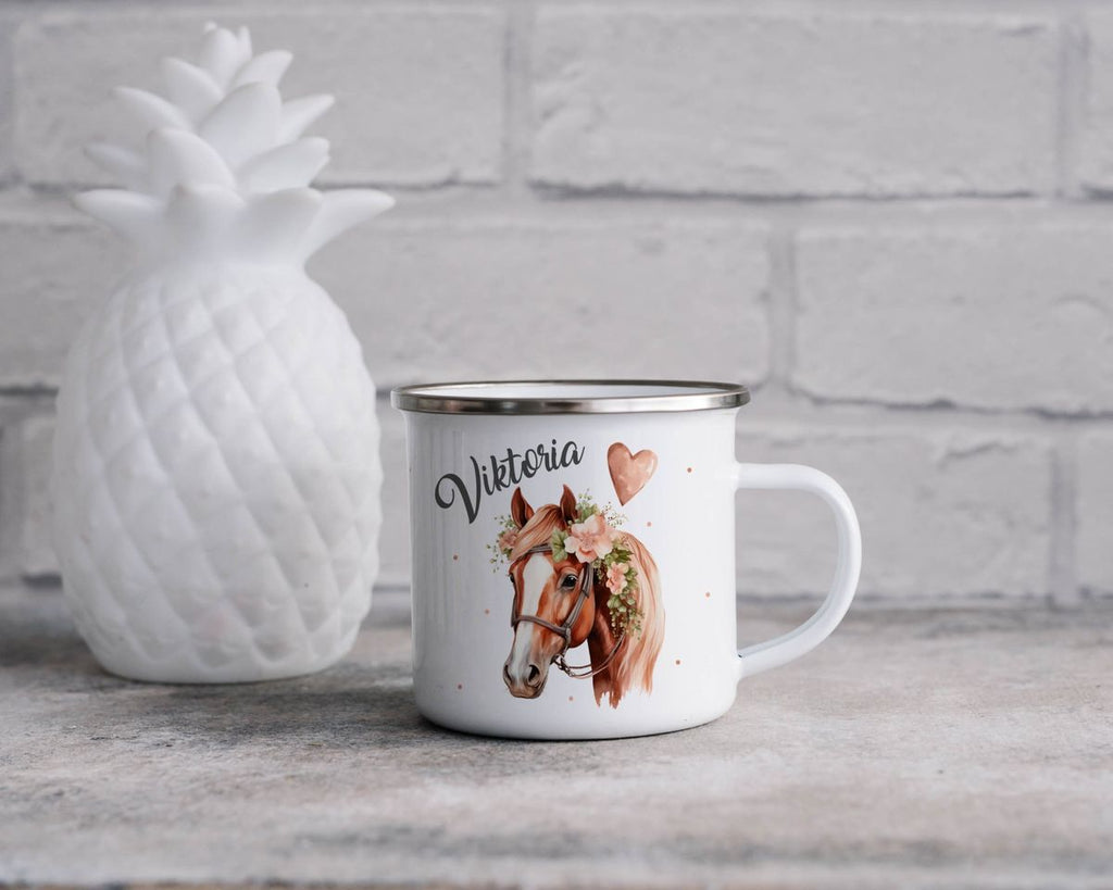 Emaille Tasse Pferd mit Blumen und Wunschname - von Mikalino