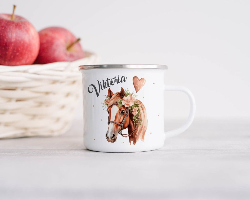 Emaille Tasse Pferd mit Blumen und Wunschname - von Mikalino