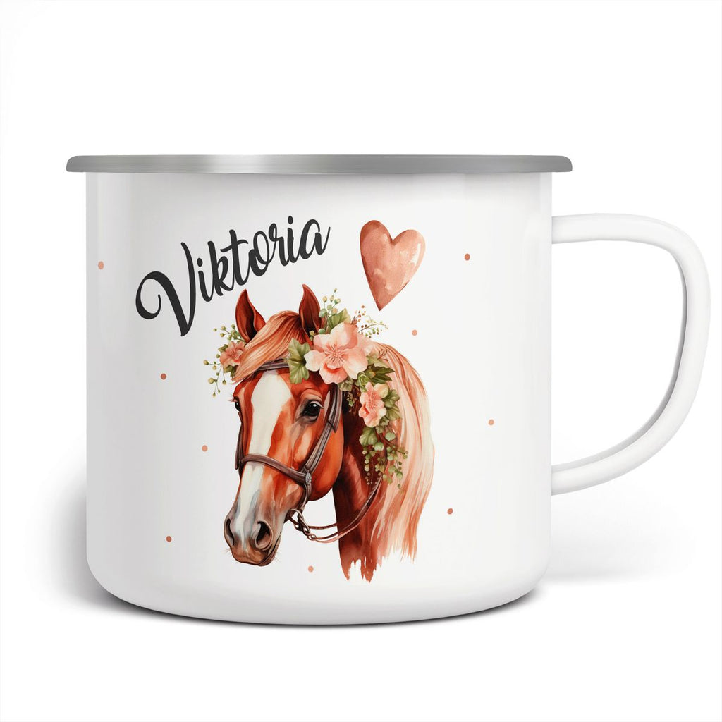 Emaille Tasse Pferd mit Blumen und Wunschname - von Mikalino