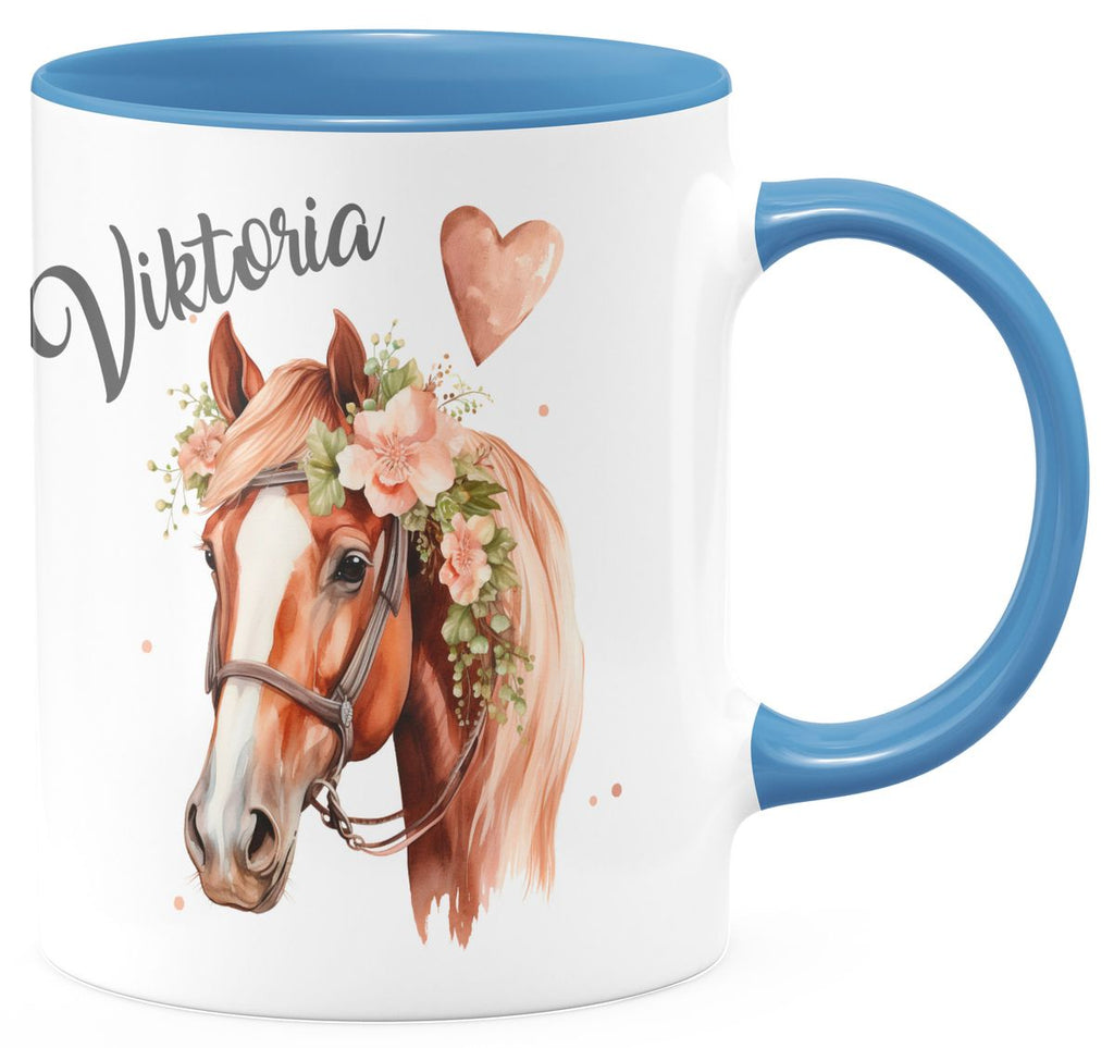 Keramik Tasse Pferd mit Blumen und Wunschname - von Mikalino