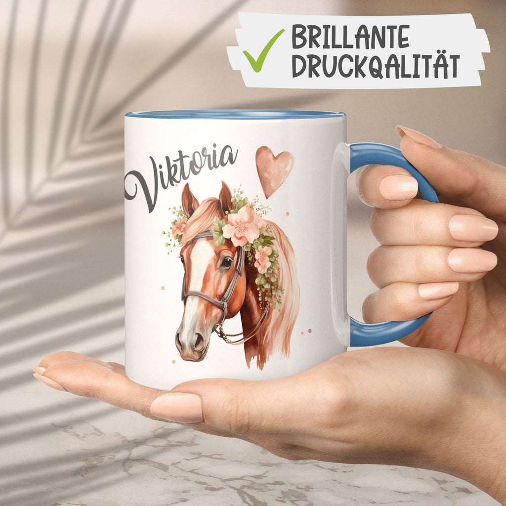 Keramik Tasse Pferd mit Blumen und Wunschname - von Mikalino