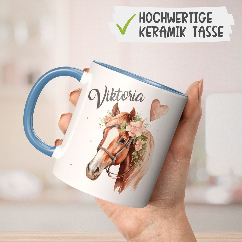 Keramik Tasse Pferd mit Blumen und Wunschname - von Mikalino