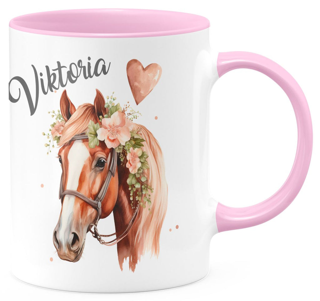 Keramik Tasse Pferd mit Blumen und Wunschname - von Mikalino