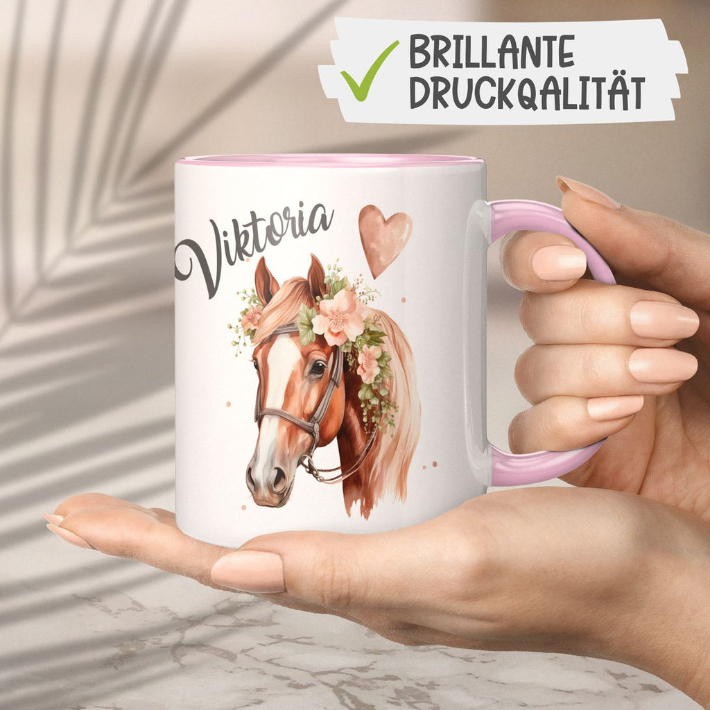 Keramik Tasse Pferd mit Blumen und Wunschname - von Mikalino