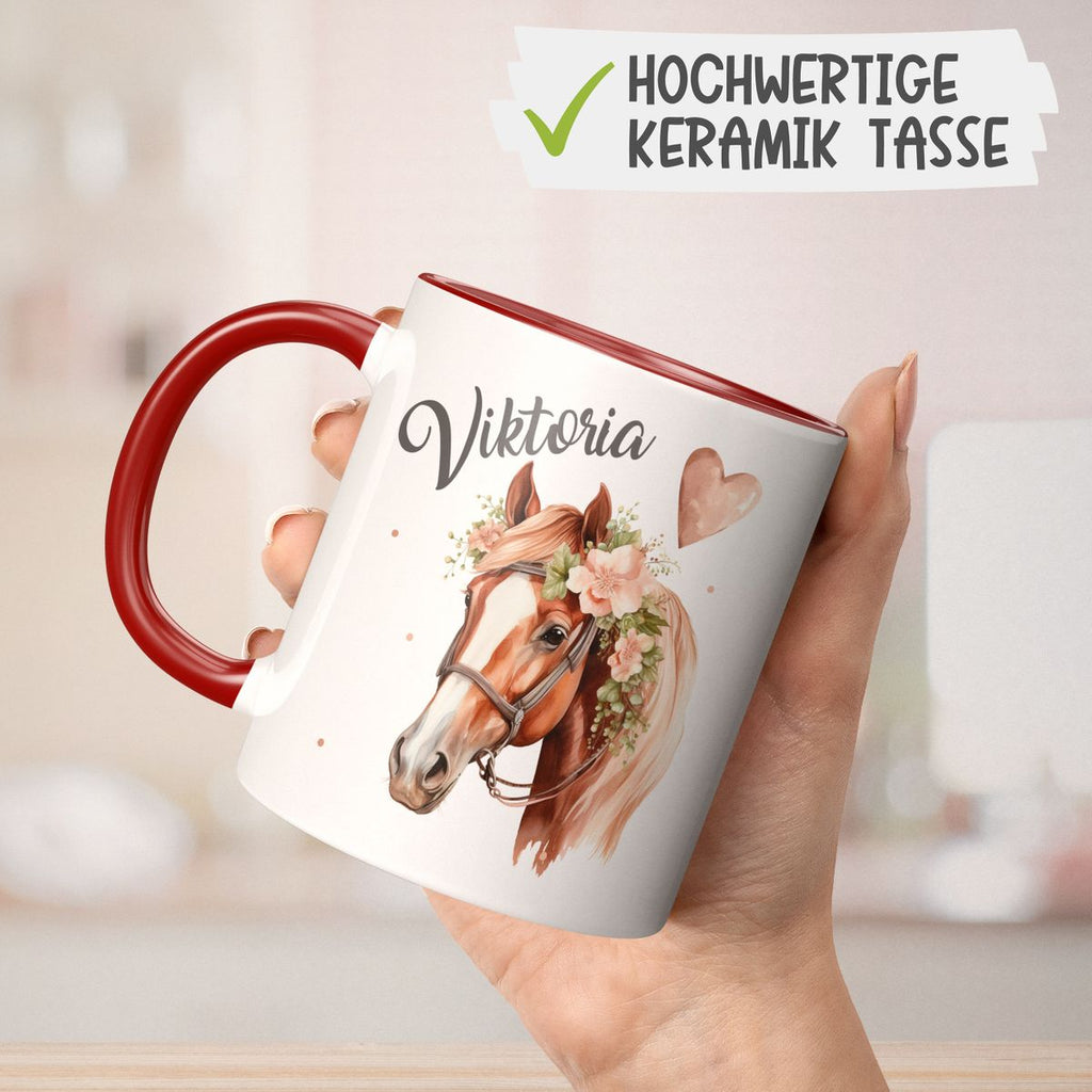 Keramik Tasse Pferd mit Blumen und Wunschname - von Mikalino