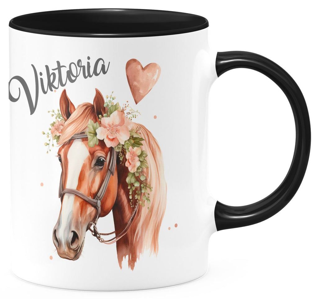 Keramik Tasse Pferd mit Blumen und Wunschname - von Mikalino