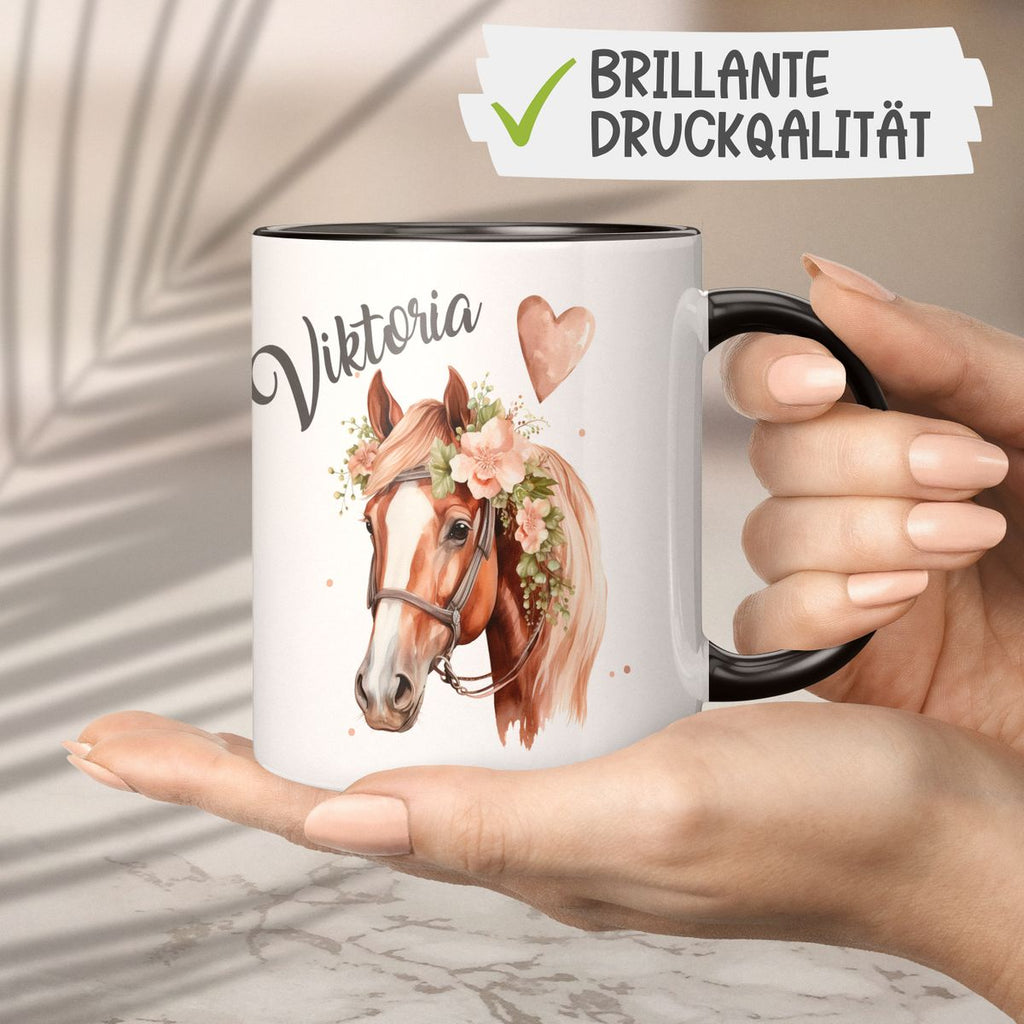 Keramik Tasse Pferd mit Blumen und Wunschname - von Mikalino