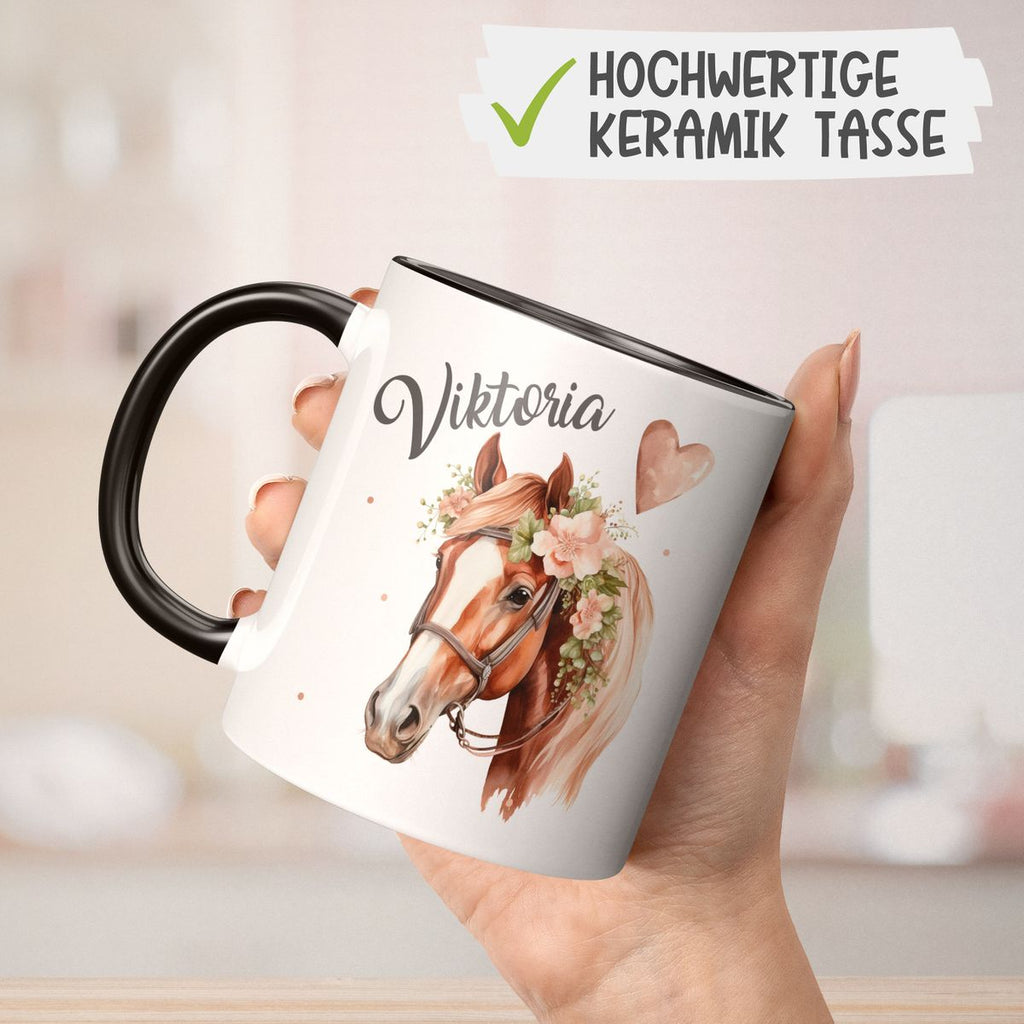 Keramik Tasse Pferd mit Blumen und Wunschname - von Mikalino