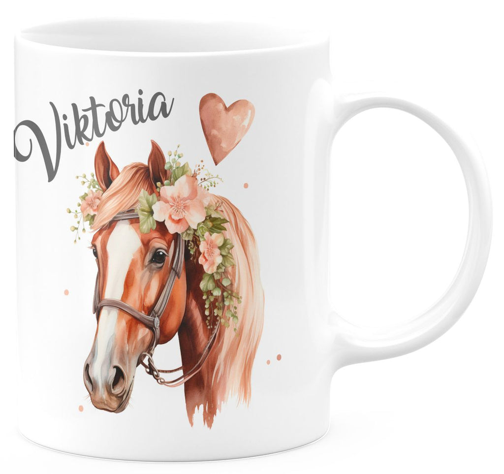 Keramik Tasse Pferd mit Blumen und Wunschname - von Mikalino