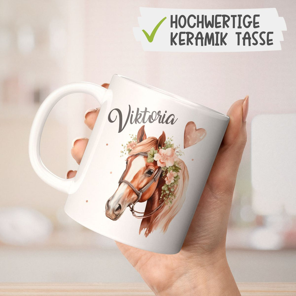 Keramik Tasse Pferd mit Blumen und Wunschname - von Mikalino