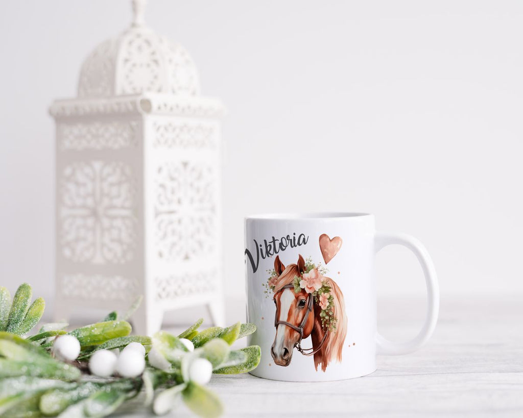 Keramik Tasse Pferd mit Blumen und Wunschname - von Mikalino