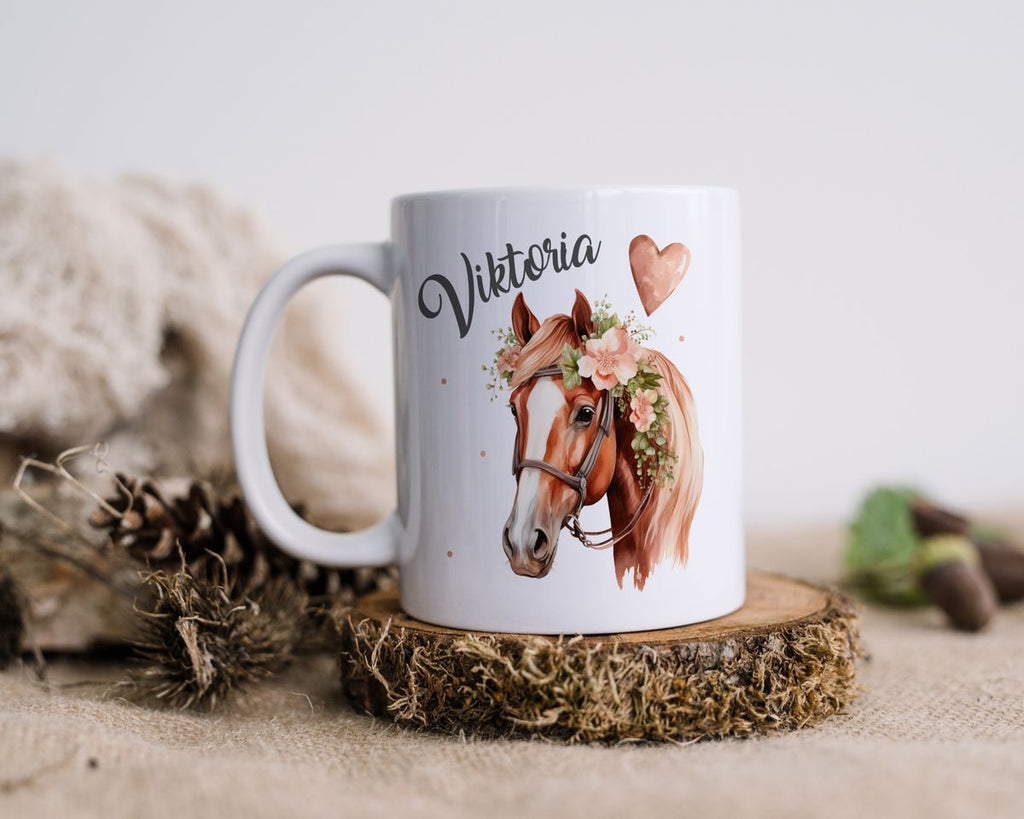 Keramik Tasse Pferd mit Blumen und Wunschname - von Mikalino