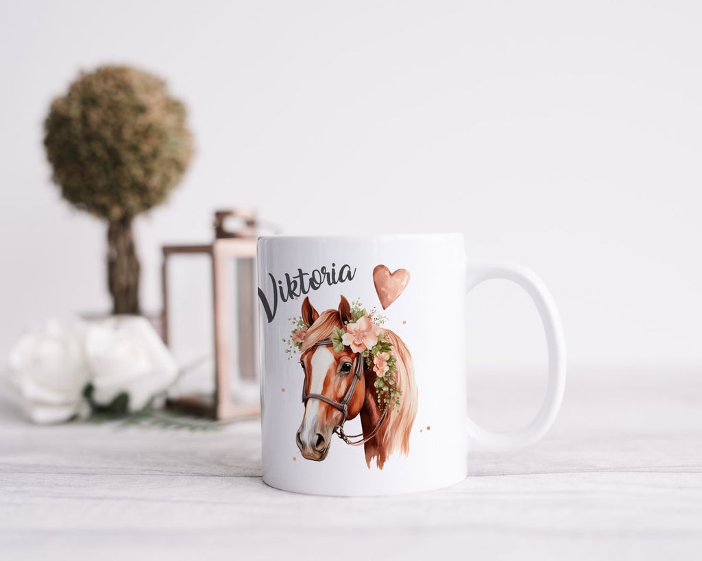 Keramik Tasse Pferd mit Blumen und Wunschname - von Mikalino