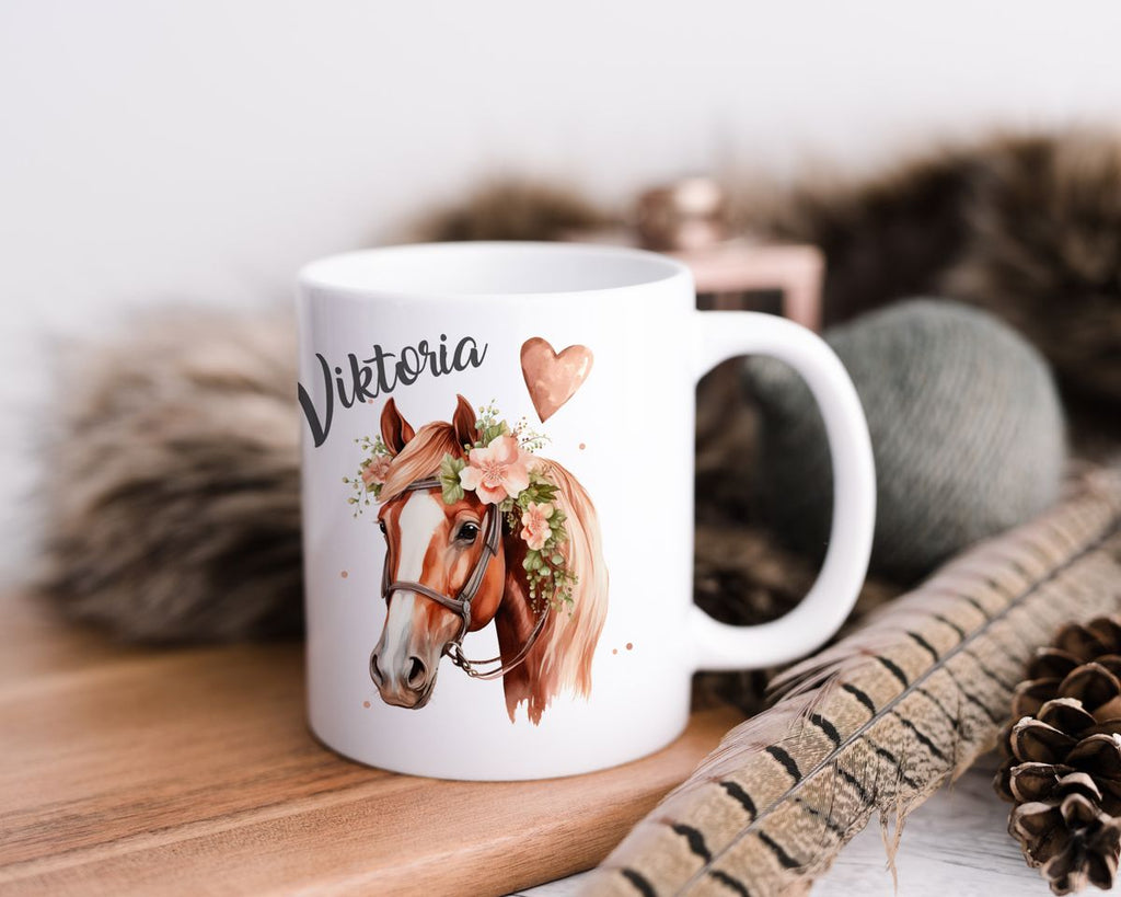 Keramik Tasse Pferd mit Blumen und Wunschname - von Mikalino