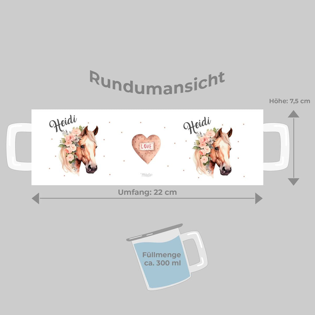 Emaille Tasse Pferd mit Blumen und Wunschname - von Mikalino