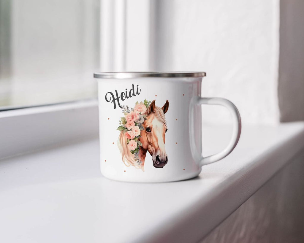 Emaille Tasse Pferd mit Blumen und Wunschname - von Mikalino