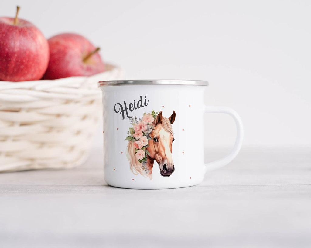 Emaille Tasse Pferd mit Blumen und Wunschname - von Mikalino