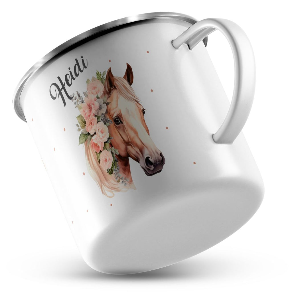 Emaille Tasse Pferd mit Blumen und Wunschname - von Mikalino