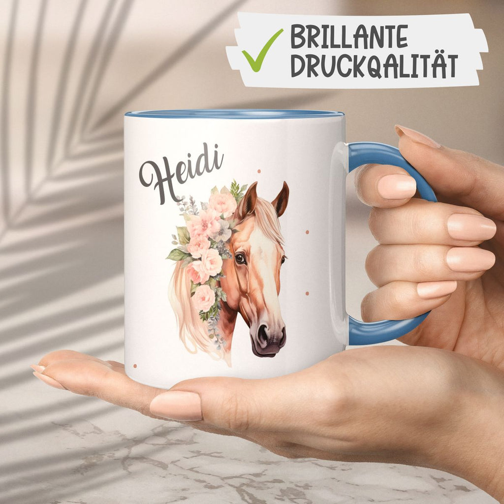 Keramik Tasse Pferd mit Blumen und Wunschname - von Mikalino