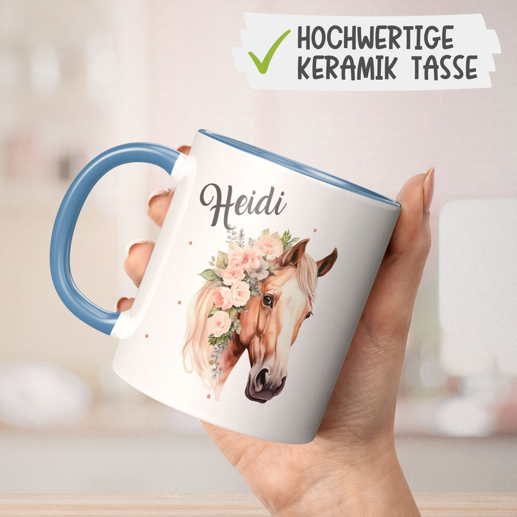 Keramik Tasse Pferd mit Blumen und Wunschname - von Mikalino