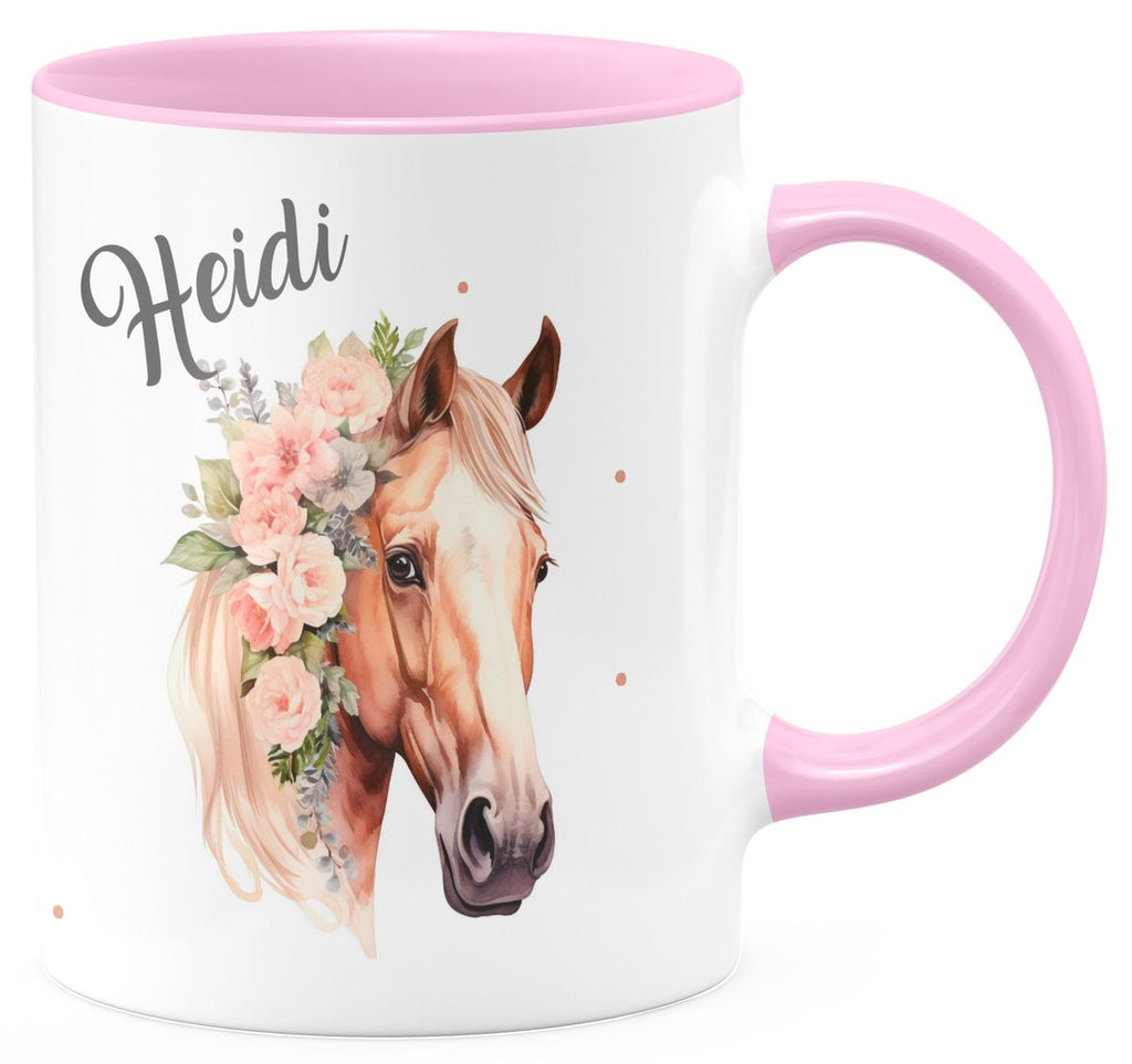 Keramik Tasse Pferd mit Blumen und Wunschname - von Mikalino