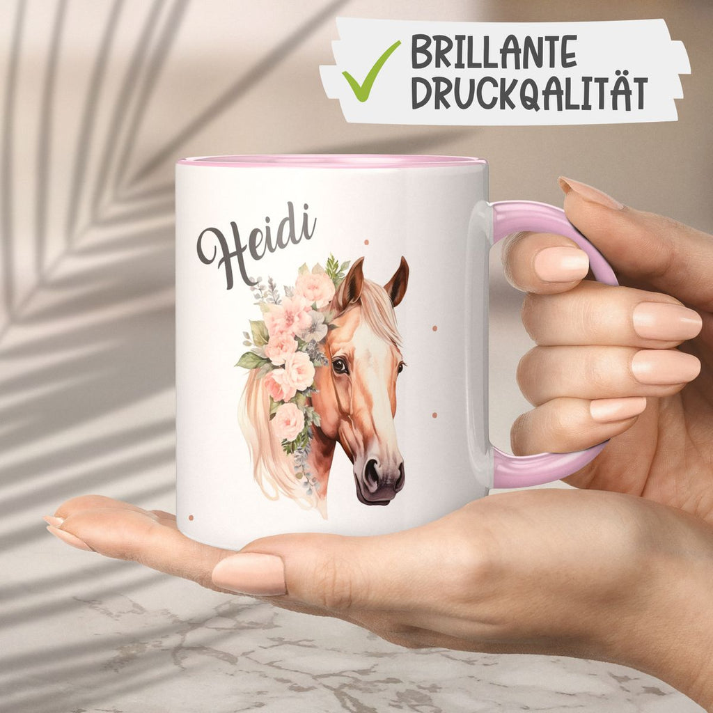 Keramik Tasse Pferd mit Blumen und Wunschname - von Mikalino