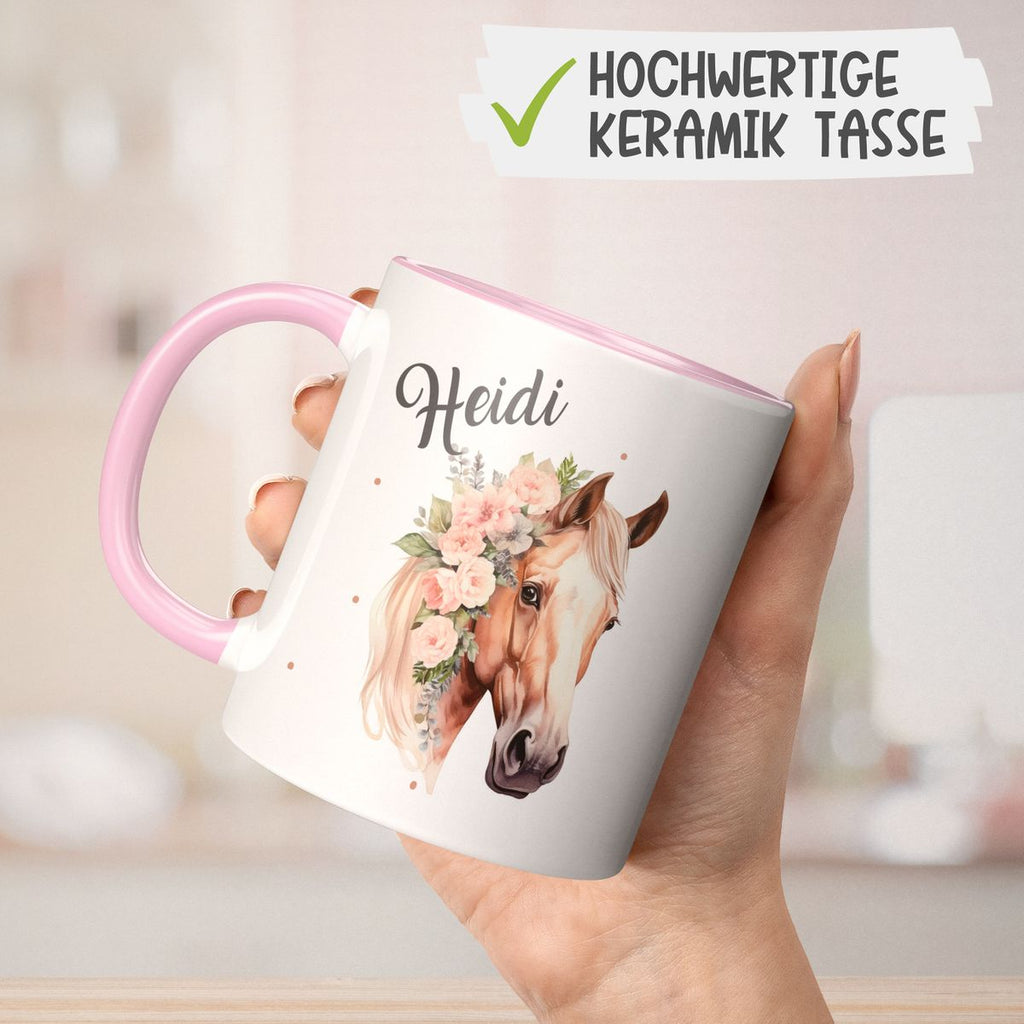 Keramik Tasse Pferd mit Blumen und Wunschname - von Mikalino