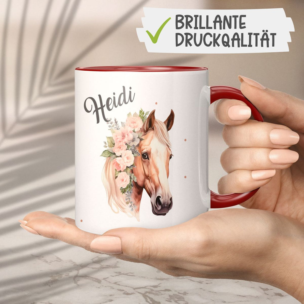 Keramik Tasse Pferd mit Blumen und Wunschname - von Mikalino