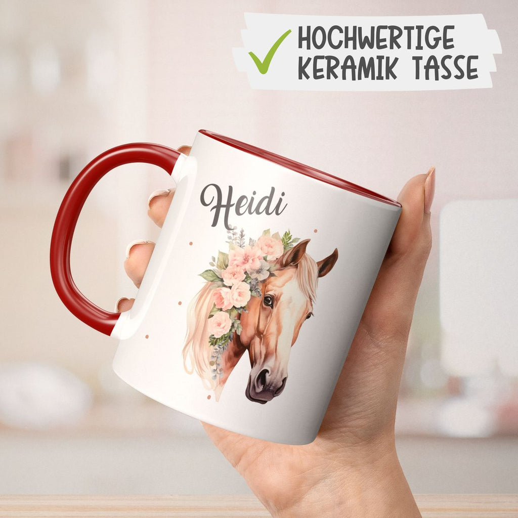 Keramik Tasse Pferd mit Blumen und Wunschname - von Mikalino