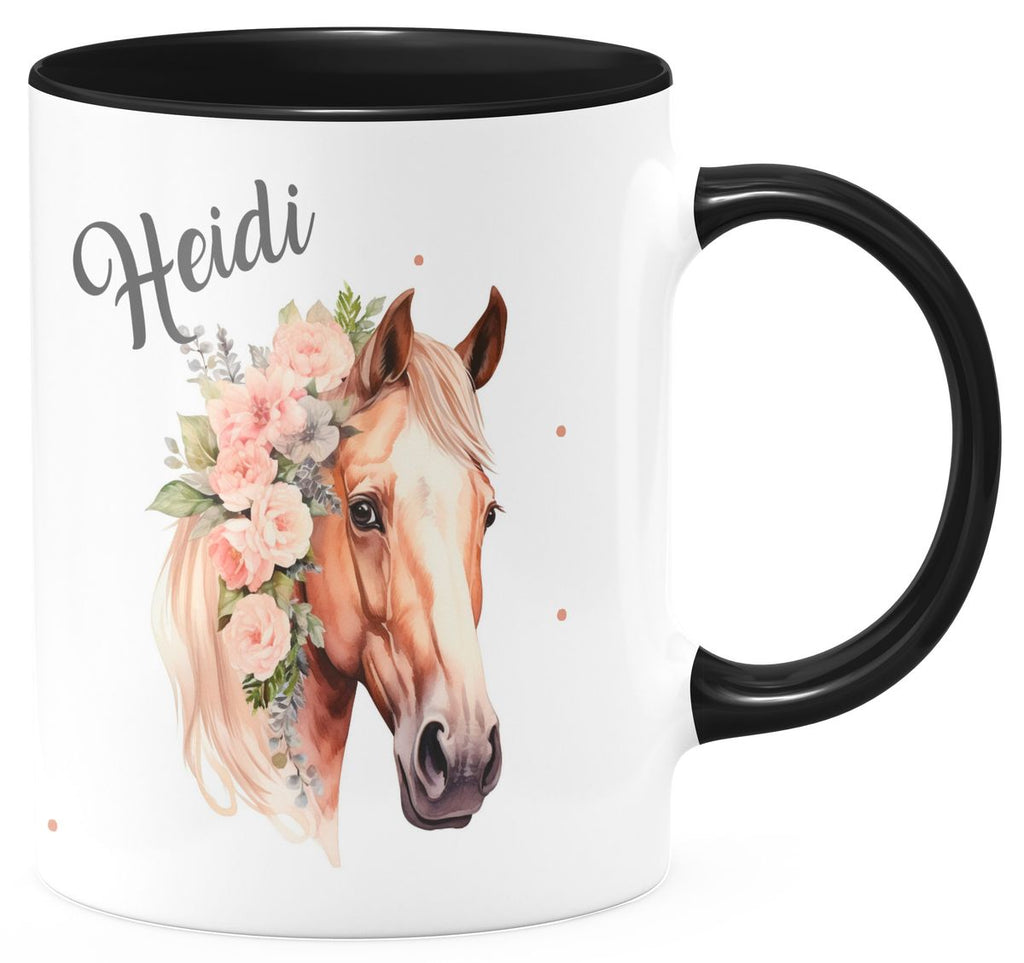 Keramik Tasse Pferd mit Blumen und Wunschname - von Mikalino