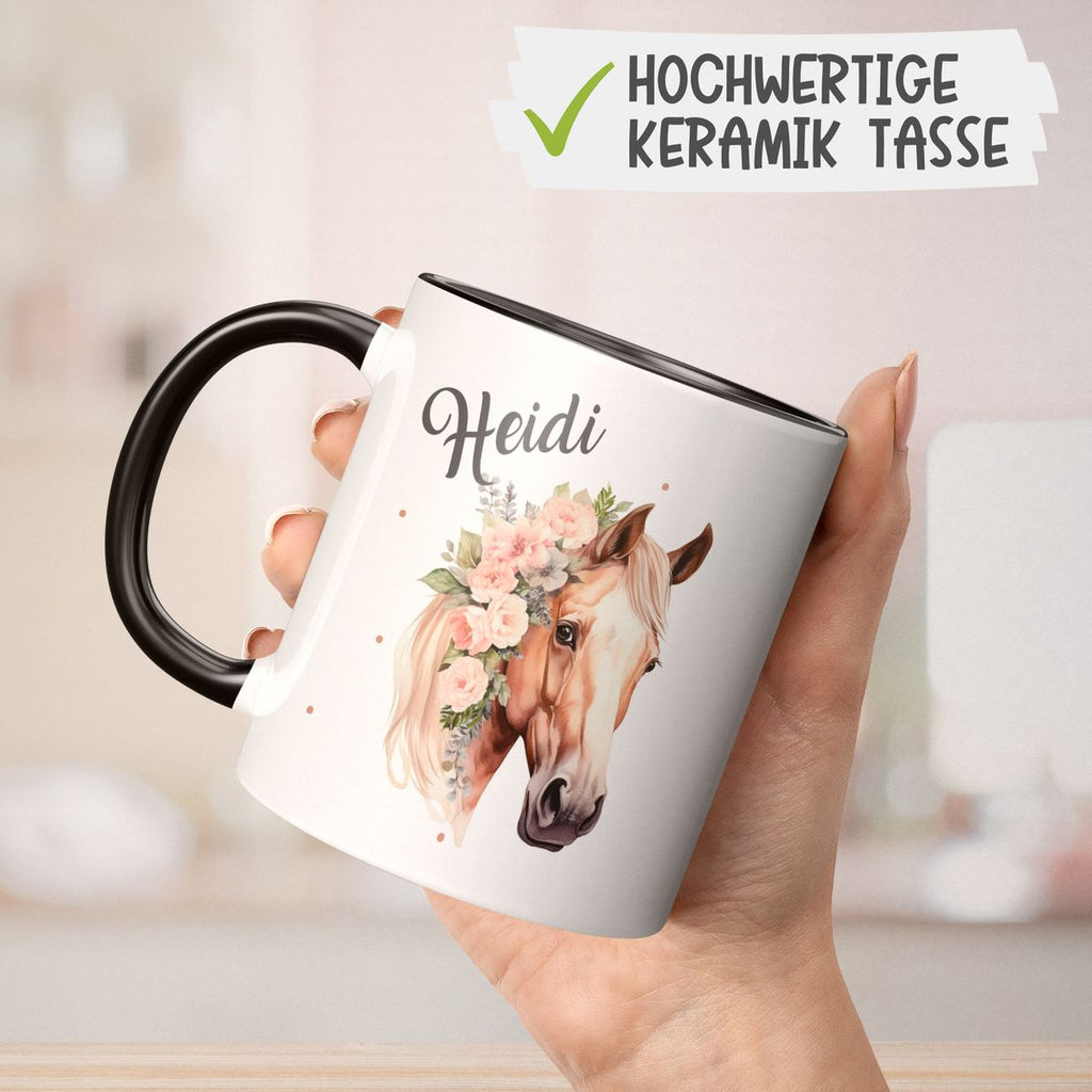 Keramik Tasse Pferd mit Blumen und Wunschname - von Mikalino