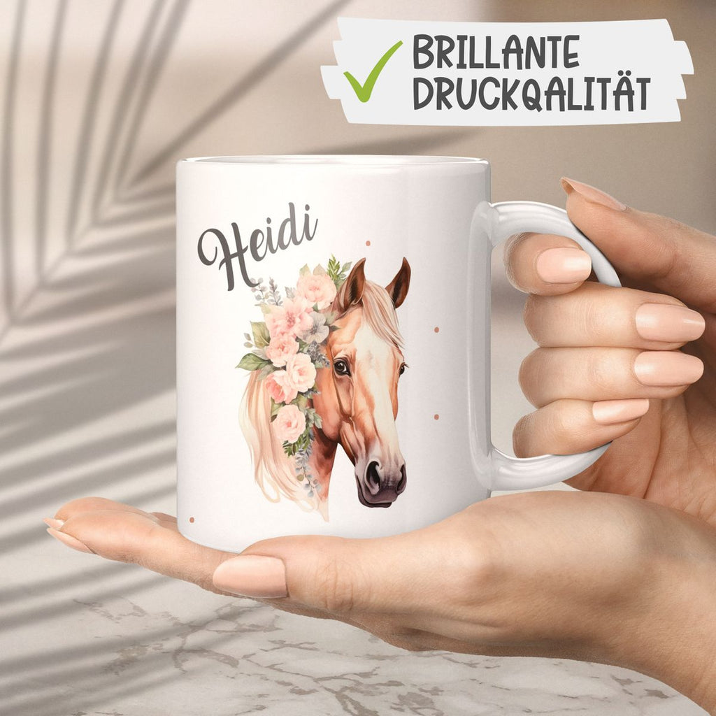 Keramik Tasse Pferd mit Blumen und Wunschname - von Mikalino