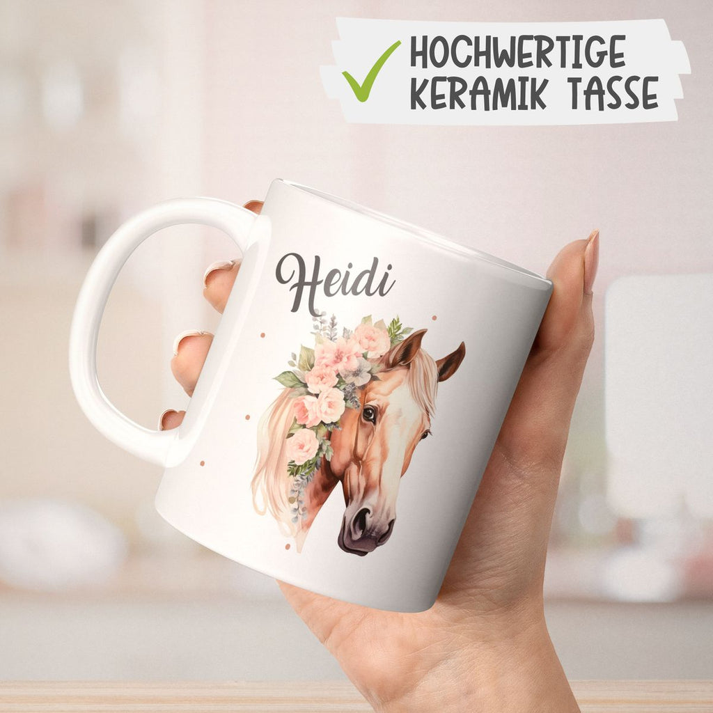 Keramik Tasse Pferd mit Blumen und Wunschname - von Mikalino