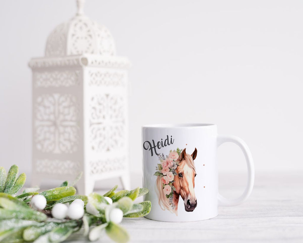 Keramik Tasse Pferd mit Blumen und Wunschname - von Mikalino