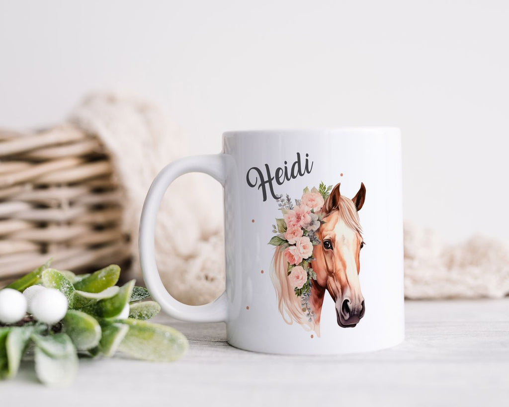 Keramik Tasse Pferd mit Blumen und Wunschname - von Mikalino