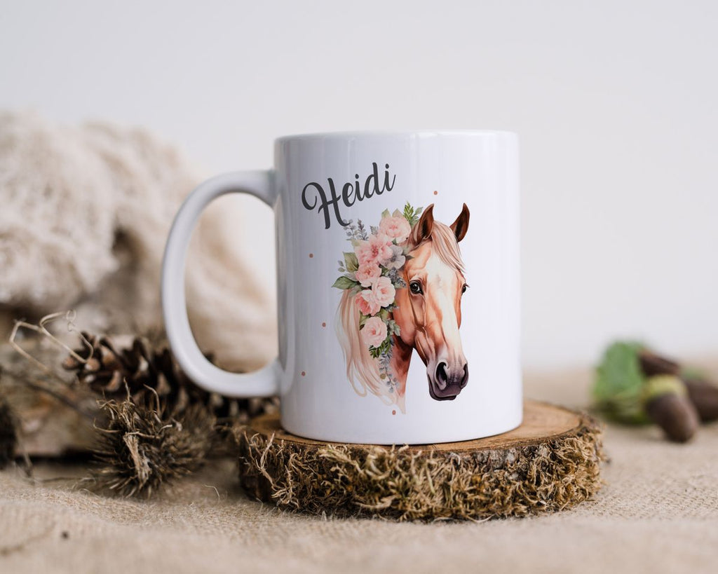 Keramik Tasse Pferd mit Blumen und Wunschname - von Mikalino