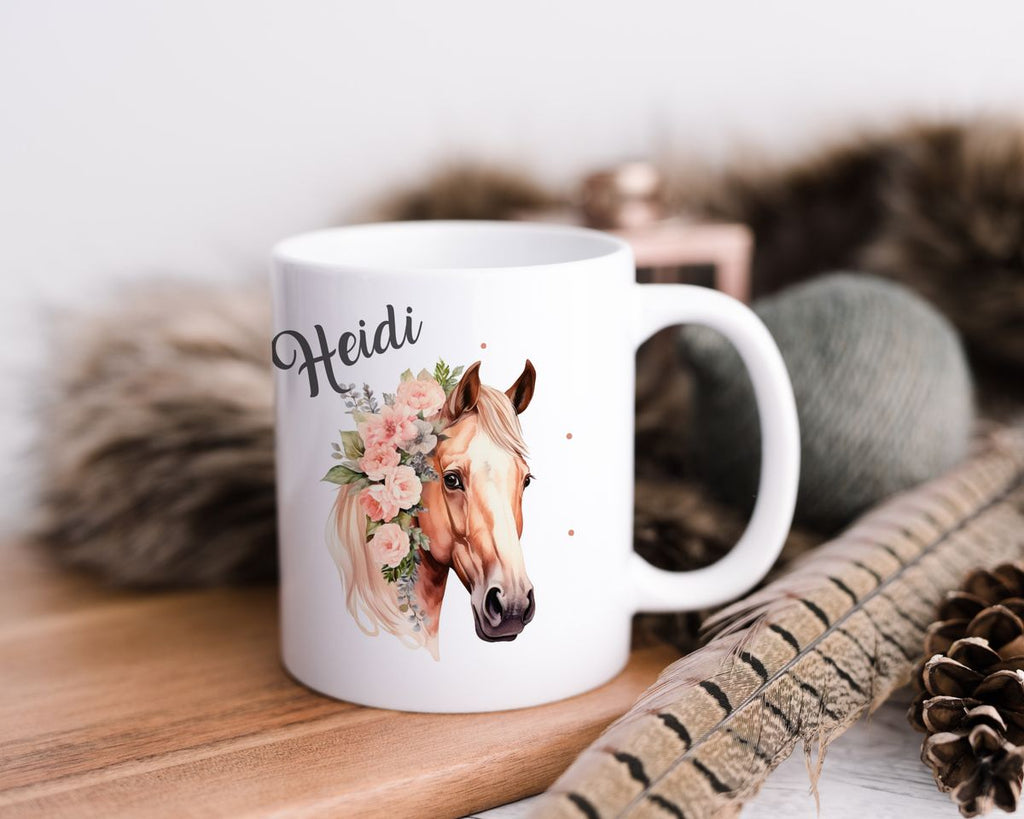 Keramik Tasse Pferd mit Blumen und Wunschname - von Mikalino