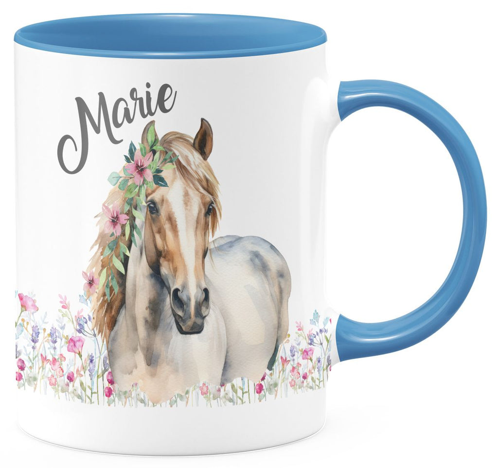 Keramik Tasse Pferd mit Blumen und Wunschname - von Mikalino