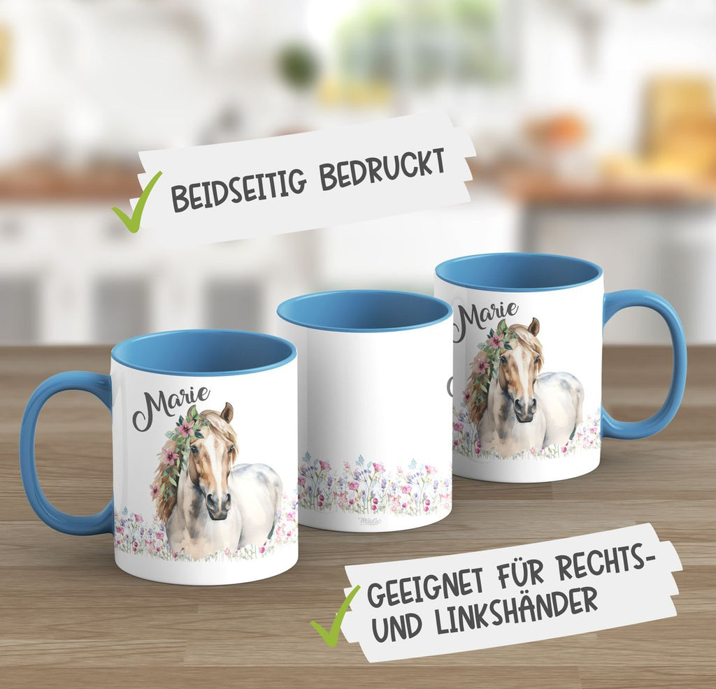 Keramik Tasse Pferd mit Blumen und Wunschname - von Mikalino