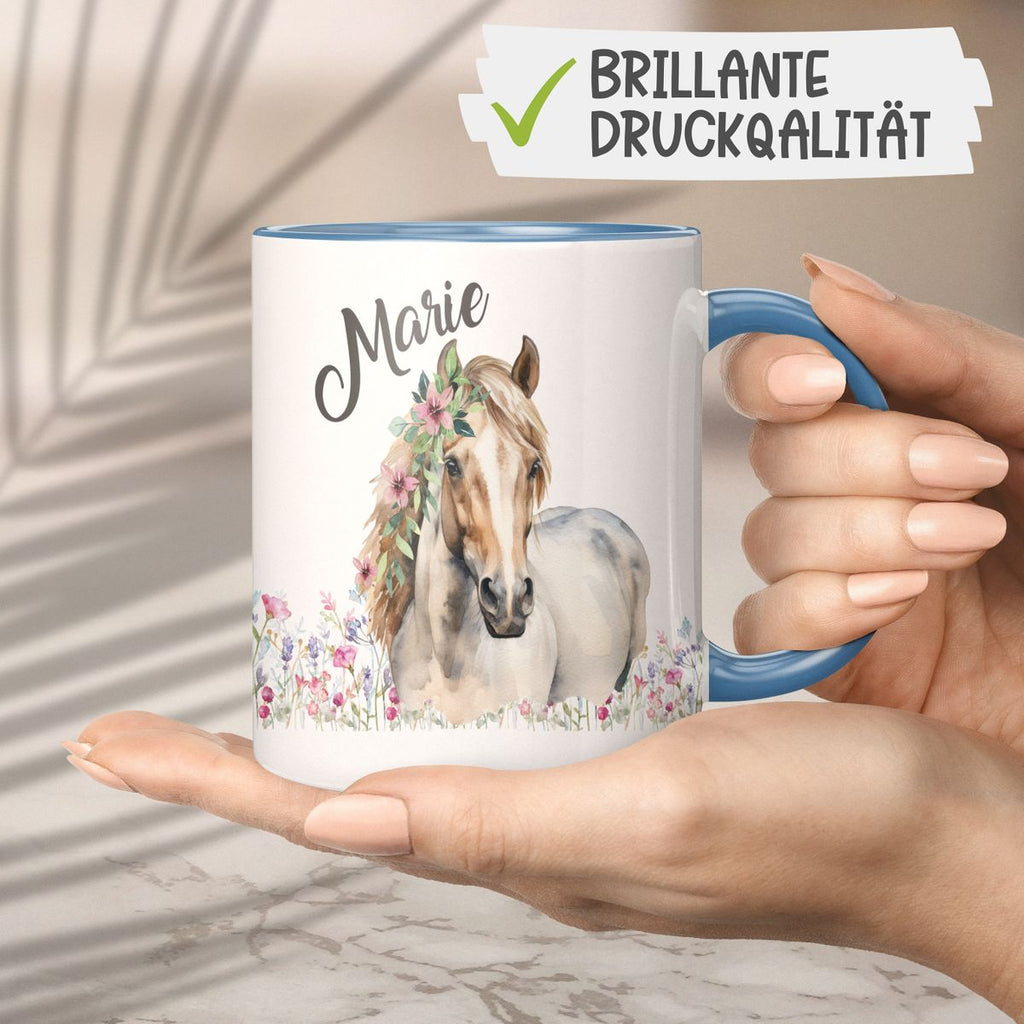 Keramik Tasse Pferd mit Blumen und Wunschname - von Mikalino