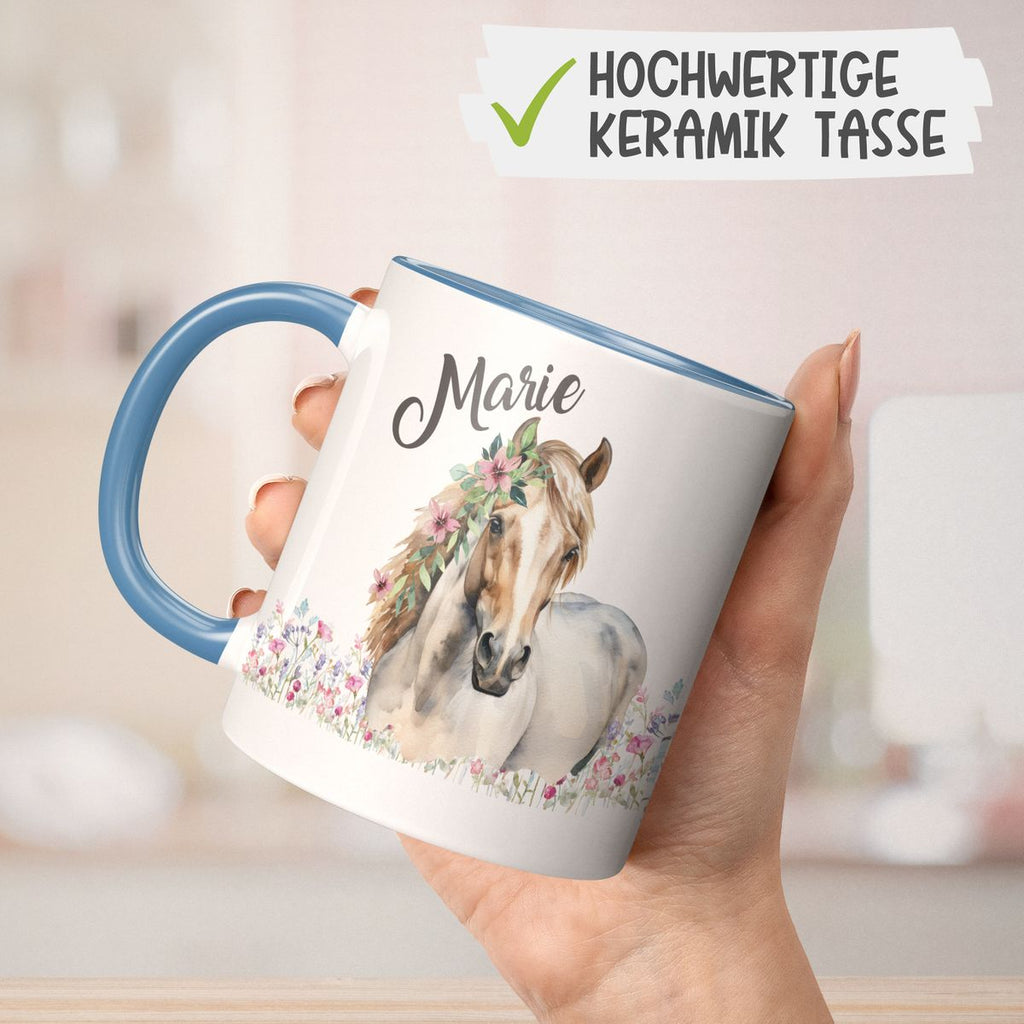 Keramik Tasse Pferd mit Blumen und Wunschname - von Mikalino