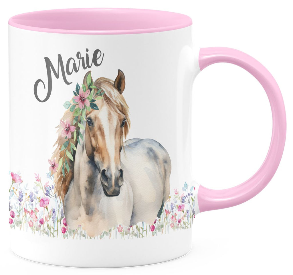 Keramik Tasse Pferd mit Blumen und Wunschname - von Mikalino