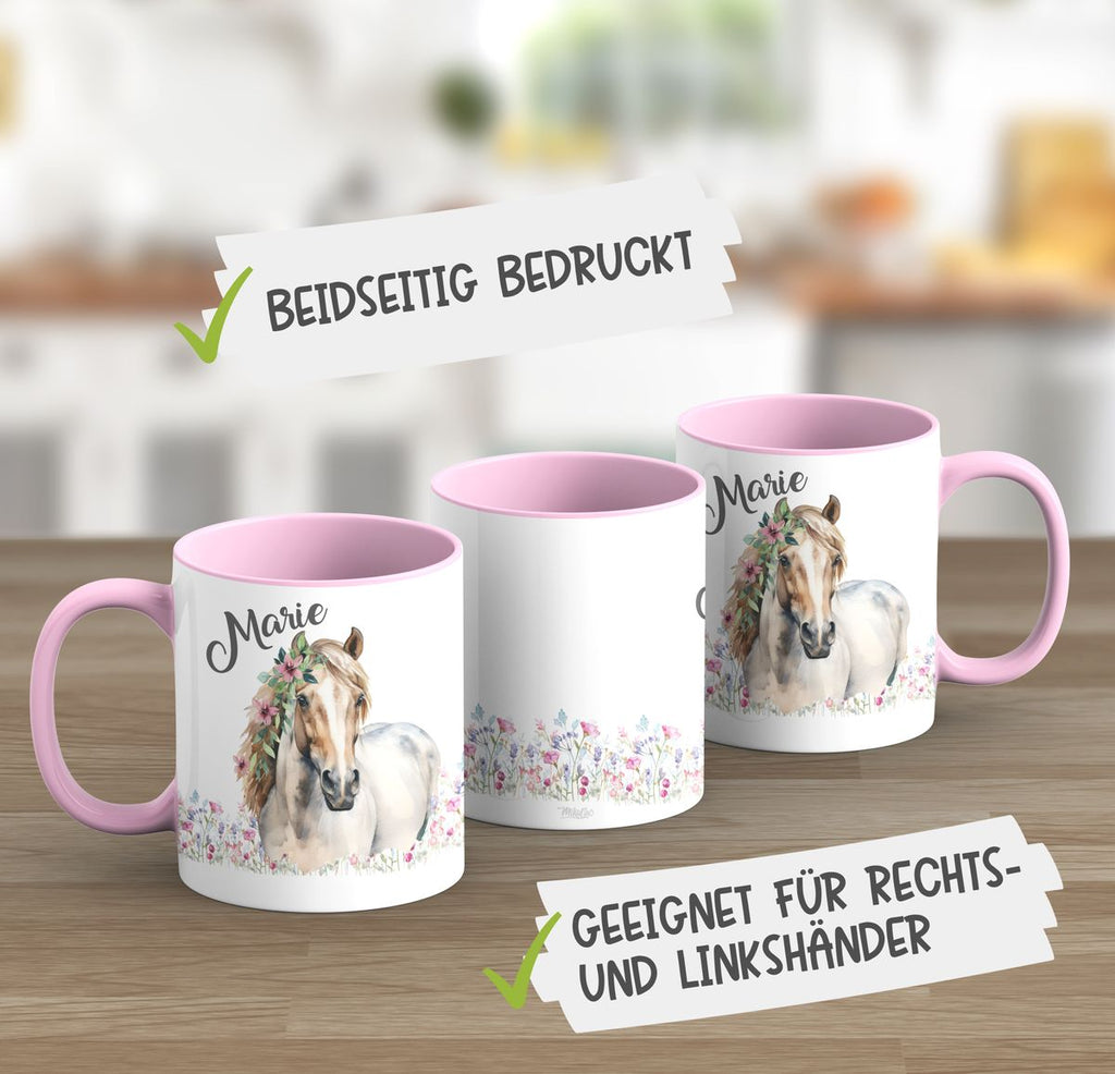 Keramik Tasse Pferd mit Blumen und Wunschname - von Mikalino