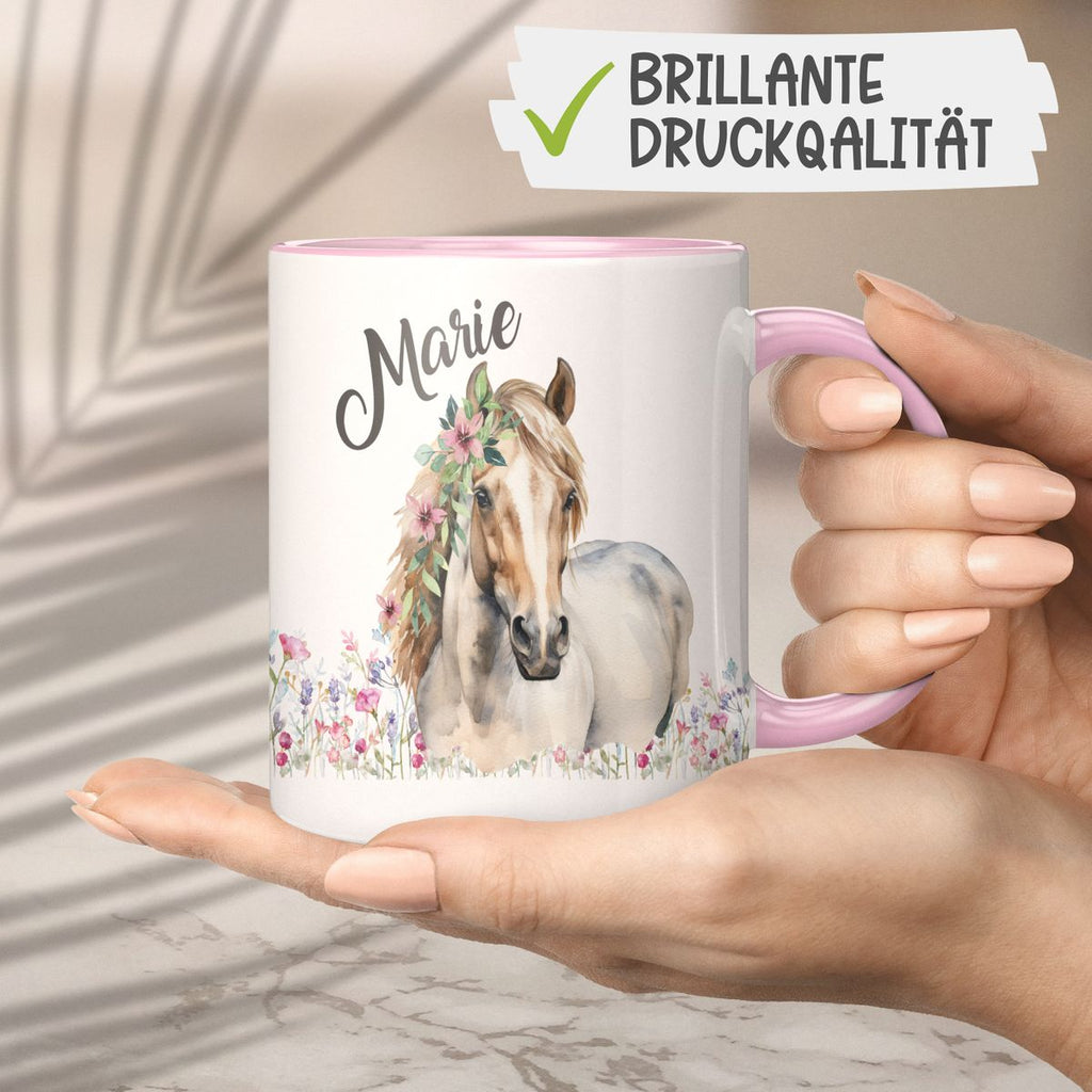 Keramik Tasse Pferd mit Blumen und Wunschname - von Mikalino