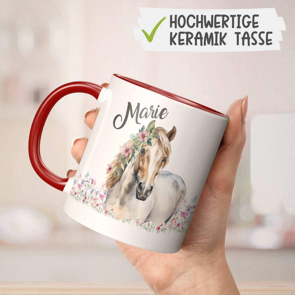 Keramik Tasse Pferd mit Blumen und Wunschname - von Mikalino