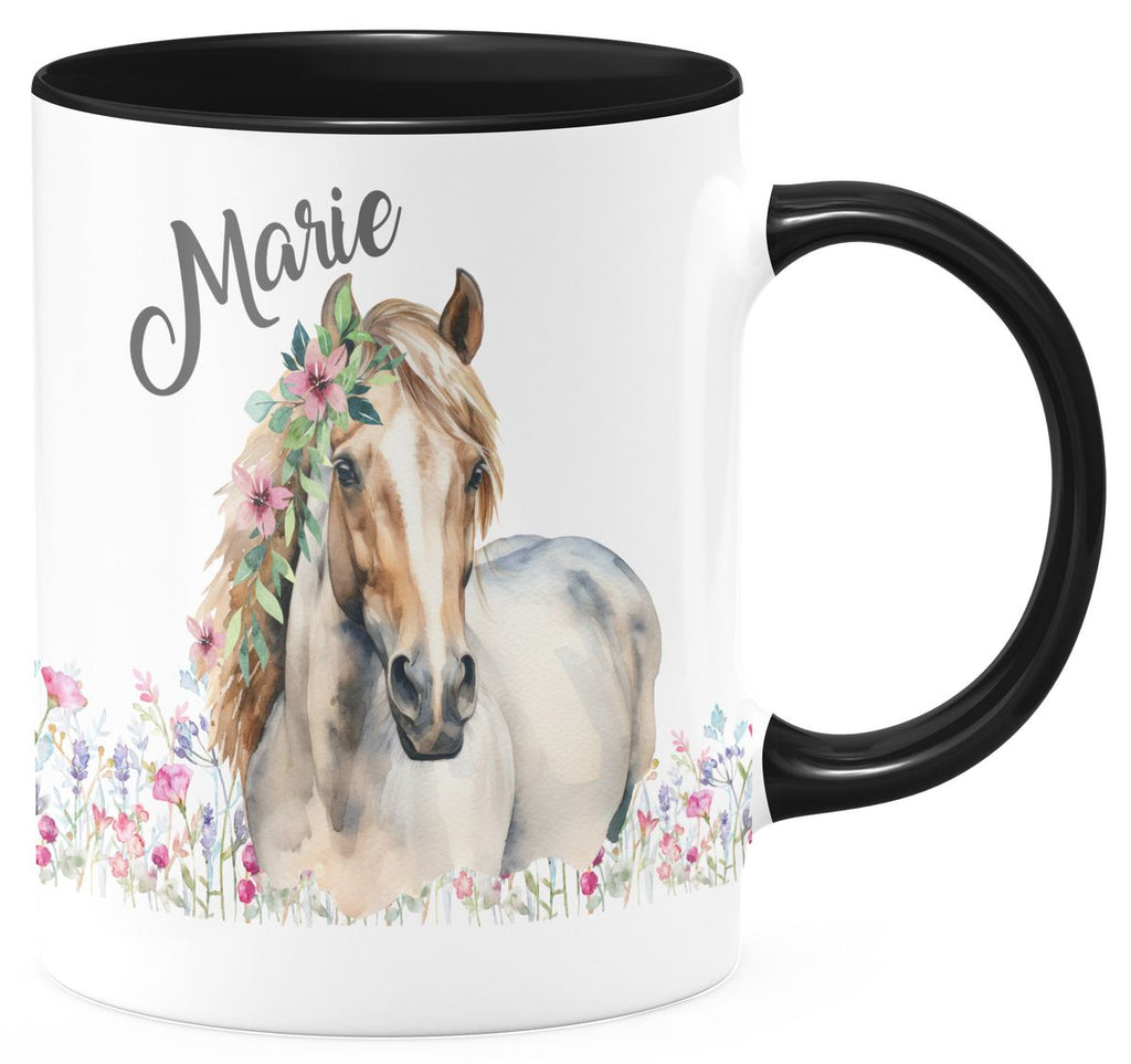 Keramik Tasse Pferd mit Blumen und Wunschname - von Mikalino