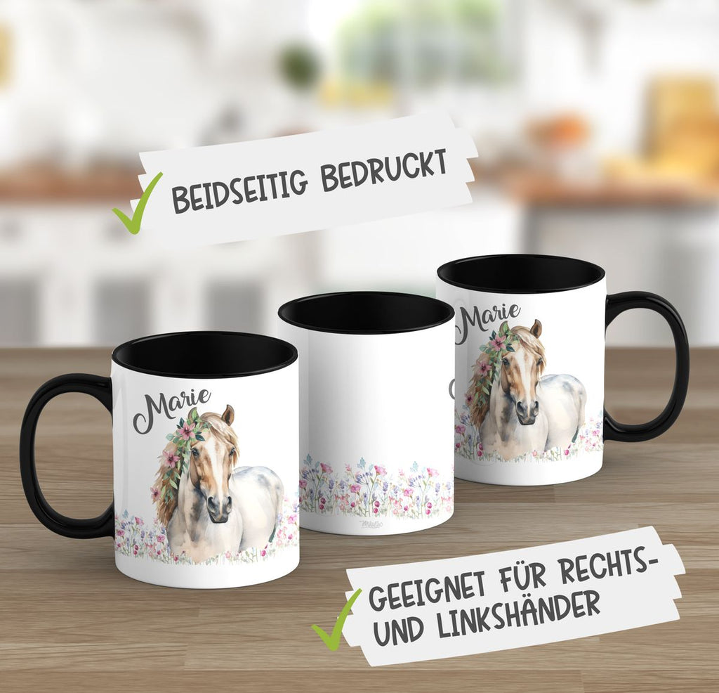 Keramik Tasse Pferd mit Blumen und Wunschname - von Mikalino