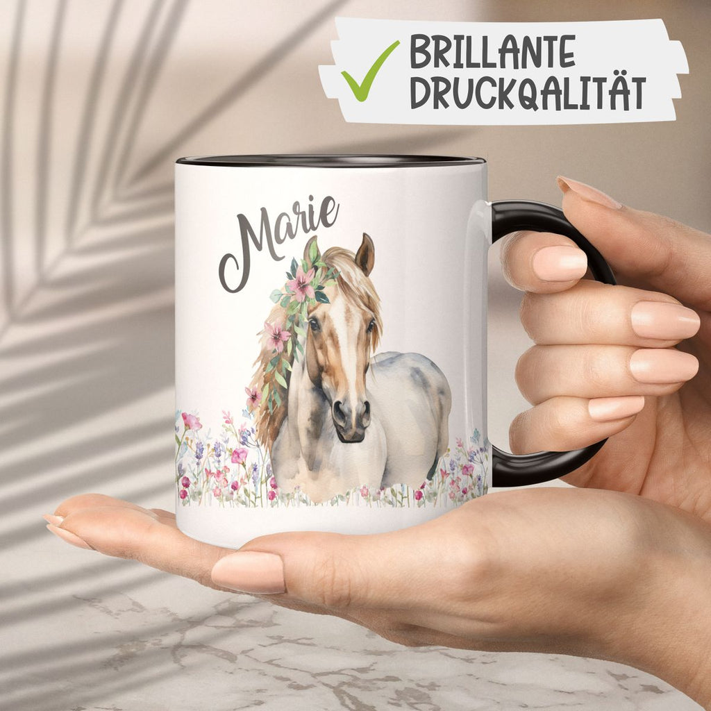 Keramik Tasse Pferd mit Blumen und Wunschname - von Mikalino