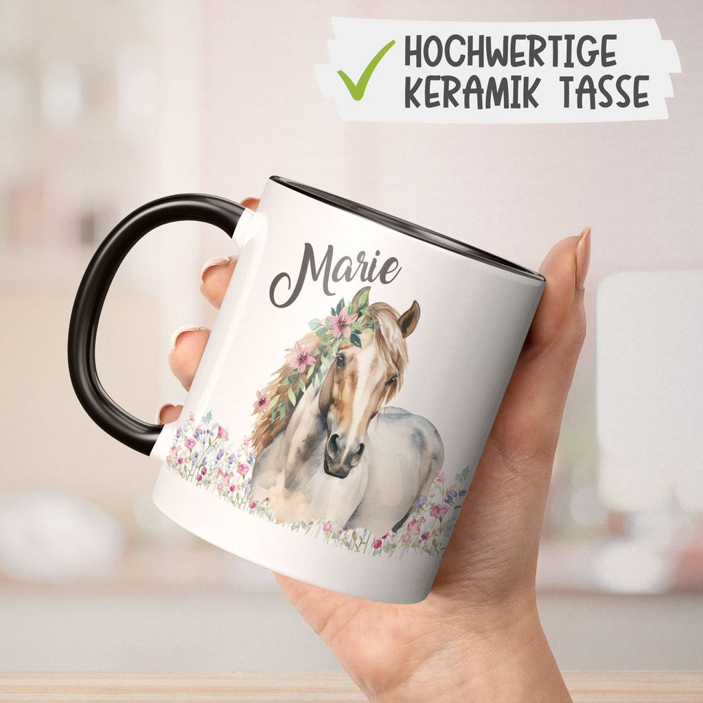 Keramik Tasse Pferd mit Blumen und Wunschname - von Mikalino