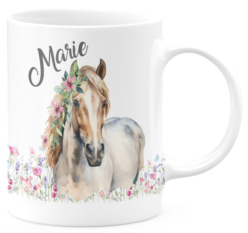 Keramik Tasse Pferd mit Blumen und Wunschname - von Mikalino